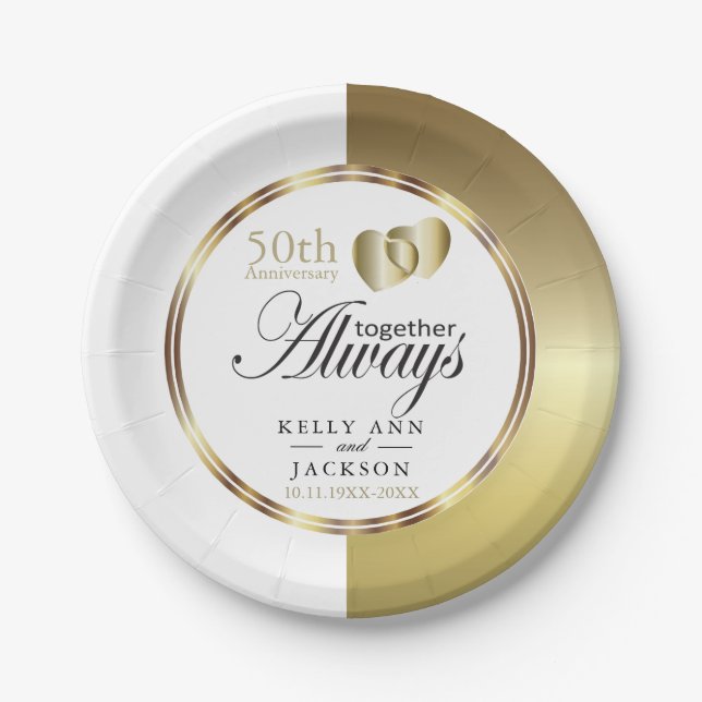 Elegant Golden 50th Heart Design Paper Plates (Front)