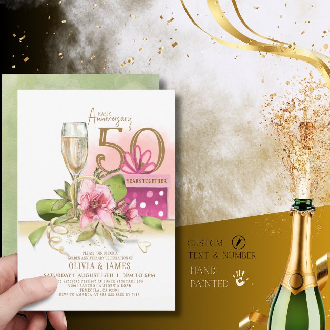 Elegant Golden 50th Wedding Anniversary Champagne  Invitation (Elegant Golden 50th Wedding Anniversary Champagne Invitation)