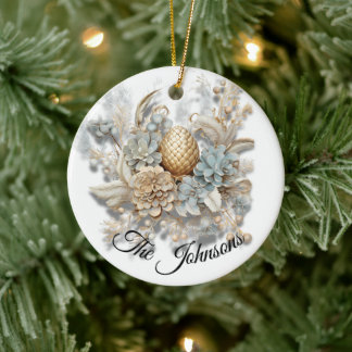 Elegant Golden Acorn with Floral - Custom Ceramic Ornament