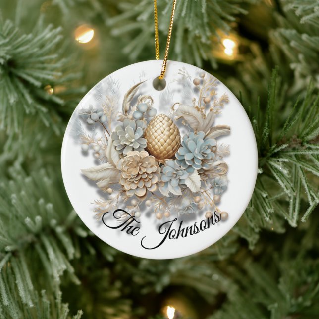 Elegant Golden Acorn with Floral - Custom Ceramic Ornament (Tree)