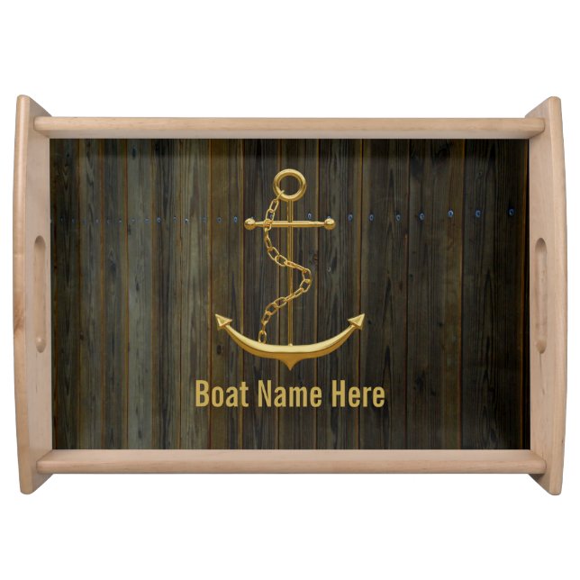 Elegant Golden Anchor Rustic Dock Wood Modern Serving Tray (Front)