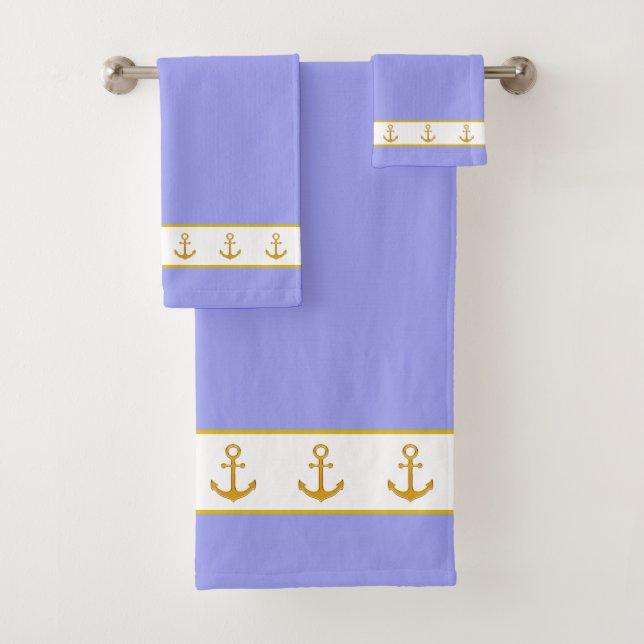 Elegant, Golden Anchors on White & Light Blue Bath Towel Set (Insitu)