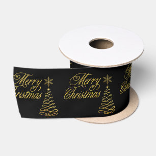 Elegant Golden and Black Merry Christmas Satin Ribbon