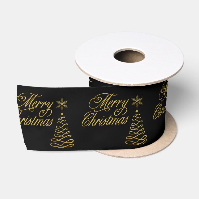 Elegant Golden and Black Merry Christmas Satin Ribbon (Spool)