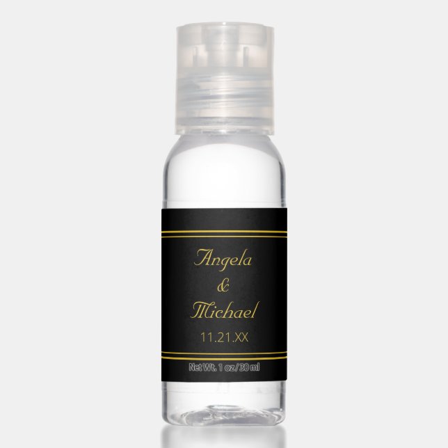 Elegant golden and black Wedding favor Hand Sanitizer (Front)