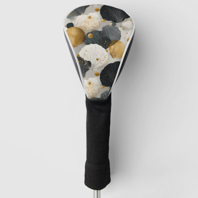 Elegant Golden and Charcoal Scallop Shell Pattern  Golf Head Cover (Front)