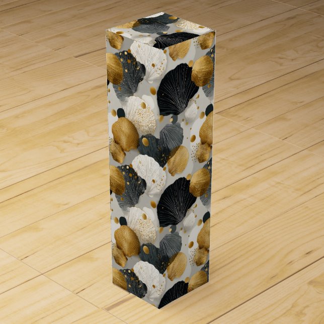 Elegant Golden and Charcoal Scallop Shell Pattern  Wine Box (Front)