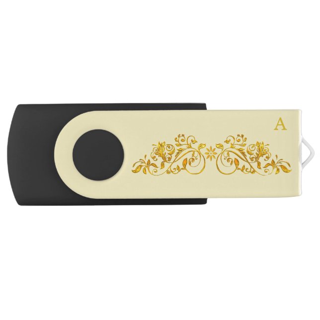 Elegant golden and ivory with monogram flash drive (Front)