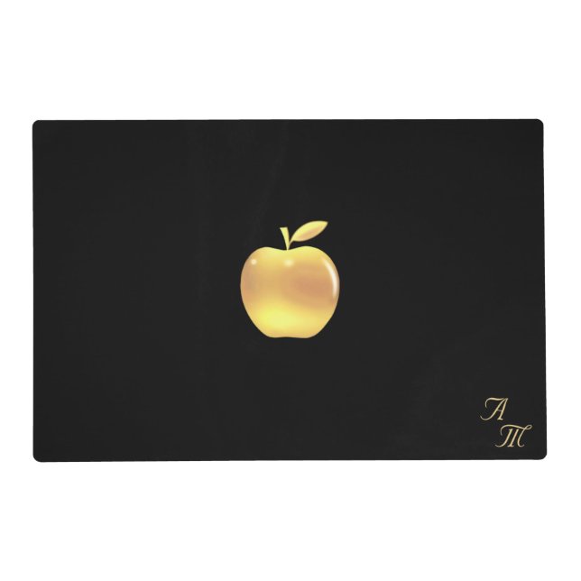 Elegant Golden Apple & Monogram on Black Placemat (Front)