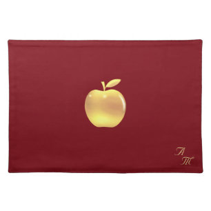 Elegant Golden Apple & Monogram on Burgundy Cloth Placemat