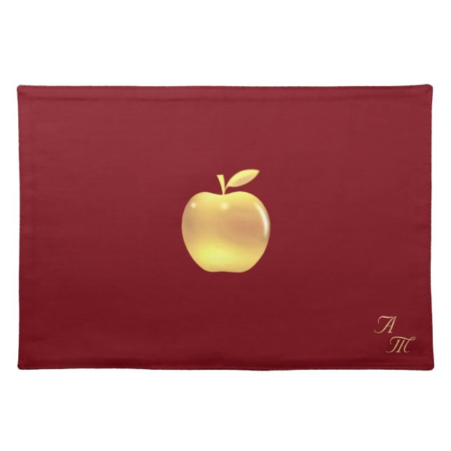 Elegant Golden Apple & Monogram on Burgundy Cloth Placemat (Front)