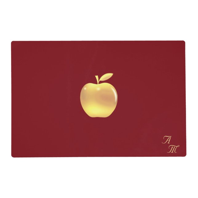 Elegant Golden Apple & Monogram on Burgundy Placemat (Front)