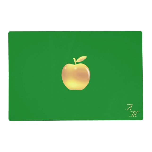 Elegant Golden Apple & Monogram on Green Placemat (Front)