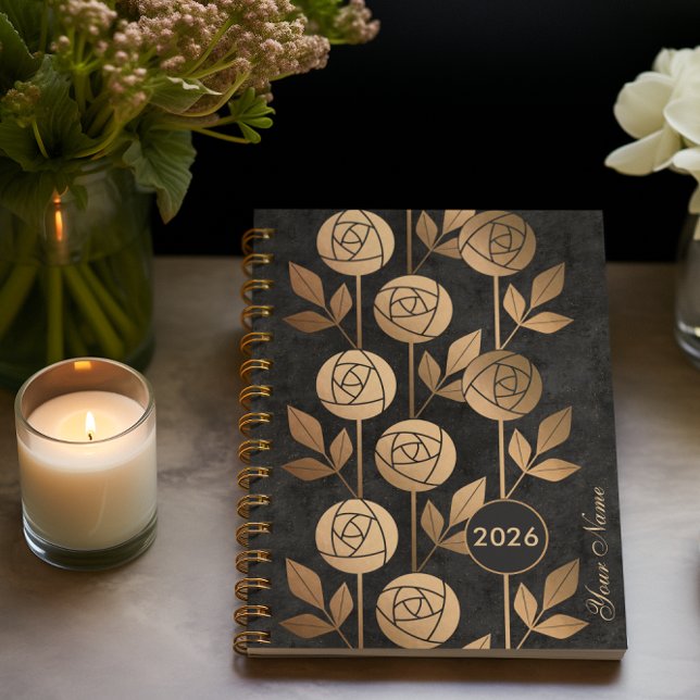 Elegant Golden Art Deco Roses on Black Background Planner (Creator Uploaded)