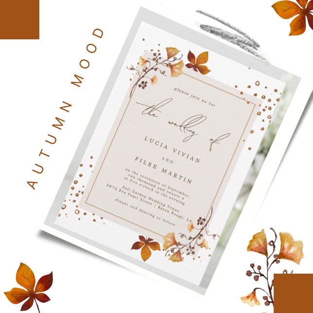 Elegant Golden Autumn Leaf Photo Wedding Invitation (Creator Uploaded)