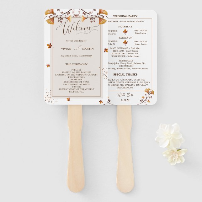 Elegant Golden Autumn Leaf Wedding Program Hand Fan (Front and Back)