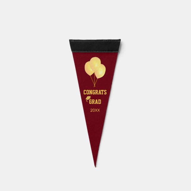 Elegant Golden Balloons & Congrats Grad on Maroon Pennant Flag (Front)