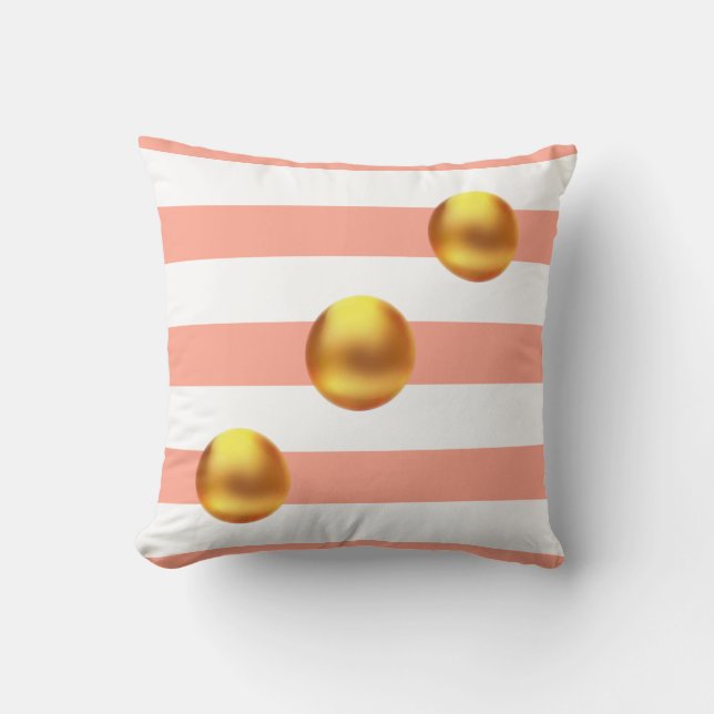 Elegant Golden Balls on Pink and White Striped Throw Pillow (Front)