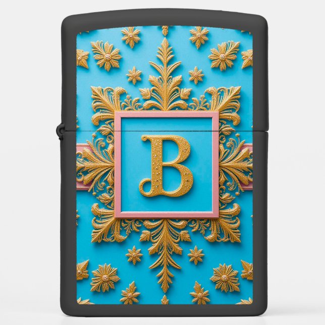 Elegant Golden Baroque Letter B on Blue Backdrop Zippo Lighter (Front)
