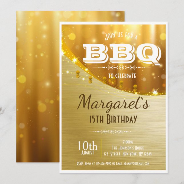 Elegant Golden BBQ Birthday Party Invite (Front/Back)
