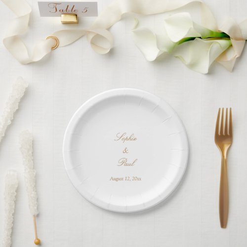 Elegant Golden Beige Script Wedding Paper Plates