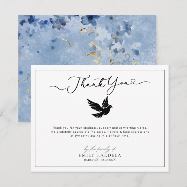 Elegant Golden Blue Floral Funeral Thank You Card (Front/Back)