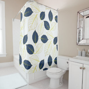 Elegant Golden & Blue Leaf   Botanical Pattern Shower Curtain