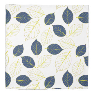 Elegant Golden & Blue Leaf Pattern | Botanical Duvet Cover