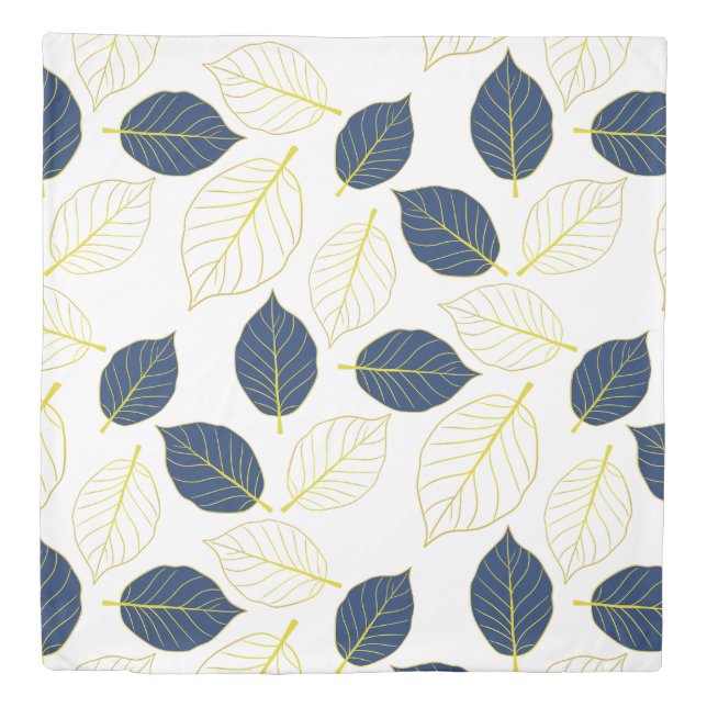 Elegant Golden & Blue Leaf Pattern | Botanical  Duvet Cover (Front)