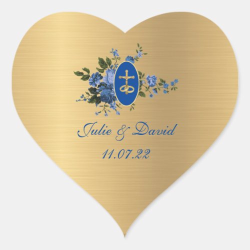Elegant Golden Blue Wedding Floral Heart Sticker