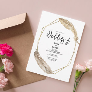 Elegant Golden Boho Feather Wedding Invitation