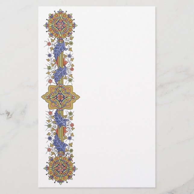 Elegant Golden Border with Blue Leaves Stationery (Front)