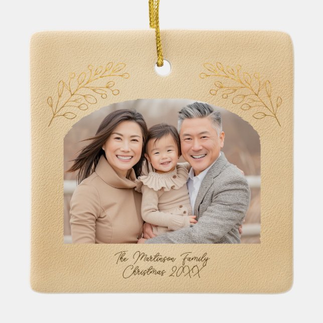 Elegant Golden Branches Arch Photo Beige Ceramic Ornament (Front)