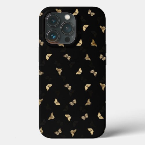 Elegant Golden Butterflies Black Pattern iPhone 13 Pro Case