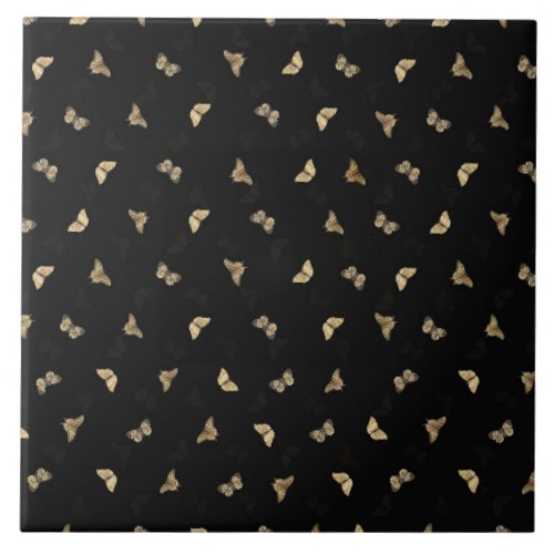 Elegant Golden Butterflies Black Pattern Ceramic Tile