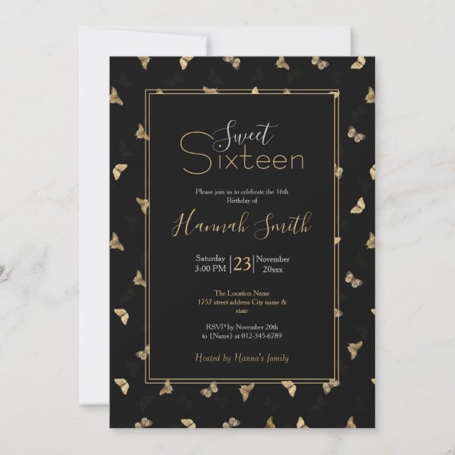 Elegant Golden Butterflies Black Pattern Invitation (Front)