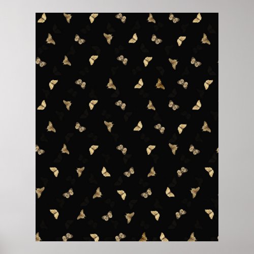 Elegant Golden Butterflies Black Pattern Poster