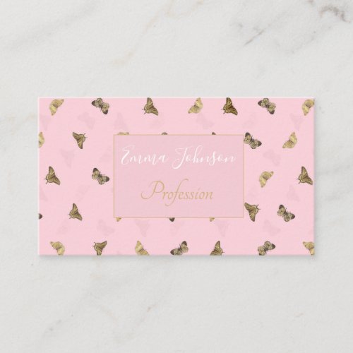 Elegant Golden Butterflies Pink Pattern Business Card