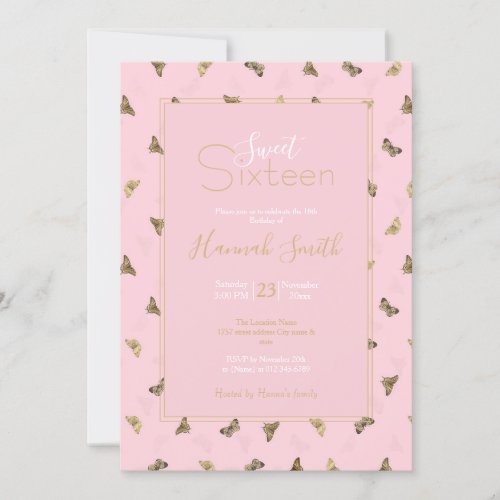 Elegant Golden Butterflies Pink Pattern Invitation