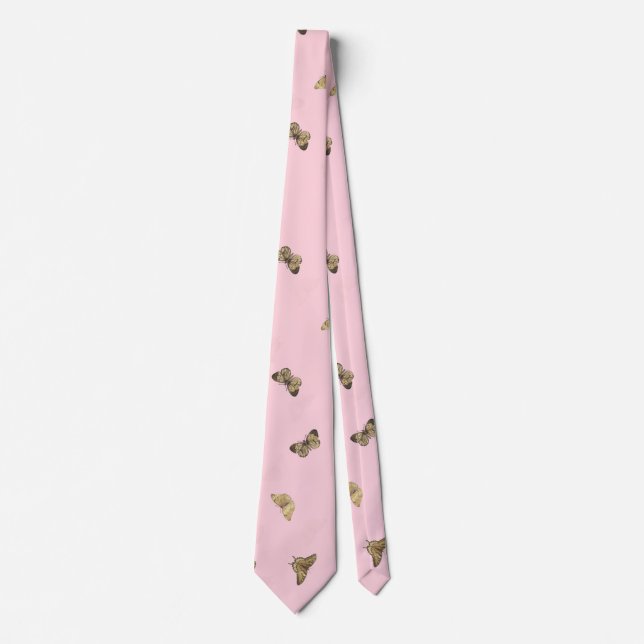Elegant Golden Butterflies Pink Pattern Neck Tie (Front)