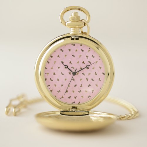 Elegant Golden Butterflies Pink Pattern Pocket Watch