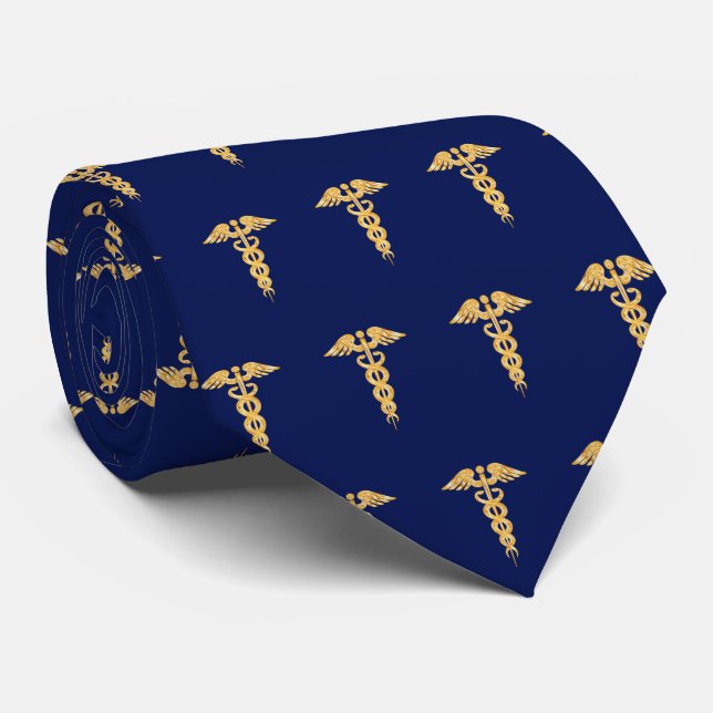 Elegant Golden Caduceus Pattern on Navy Blue Neck  Tie (Rolled)