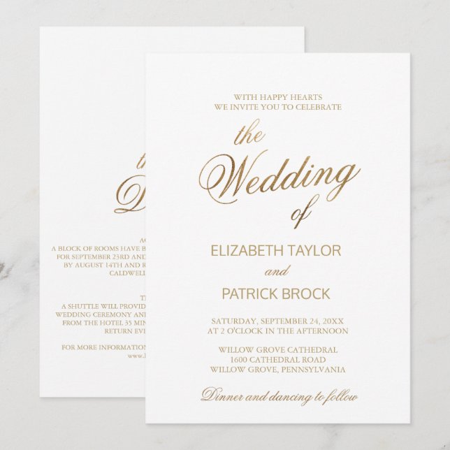 Elegant Golden Calligraphy Details on Back Wedding Invitation (Front/Back)