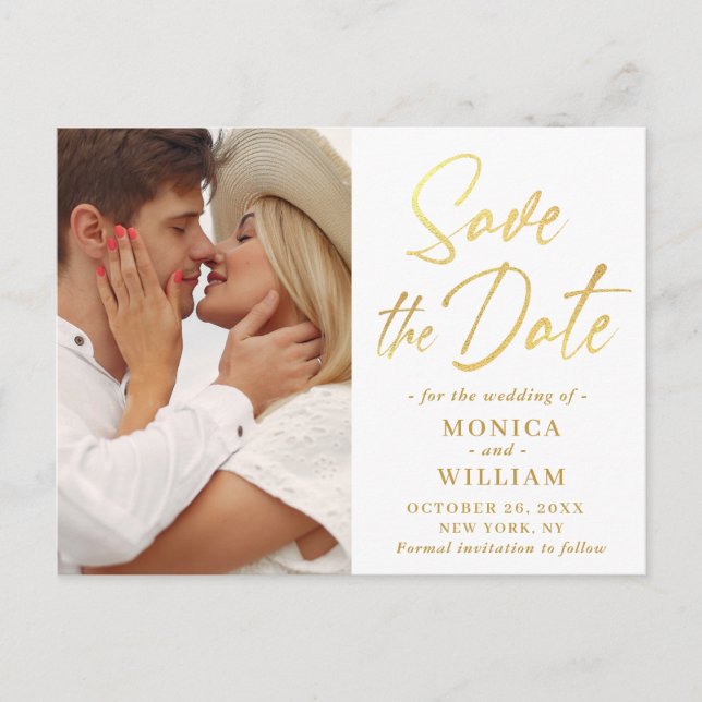 Elegant Golden Calligraphy Wedding Save the Date Postcard (Front)