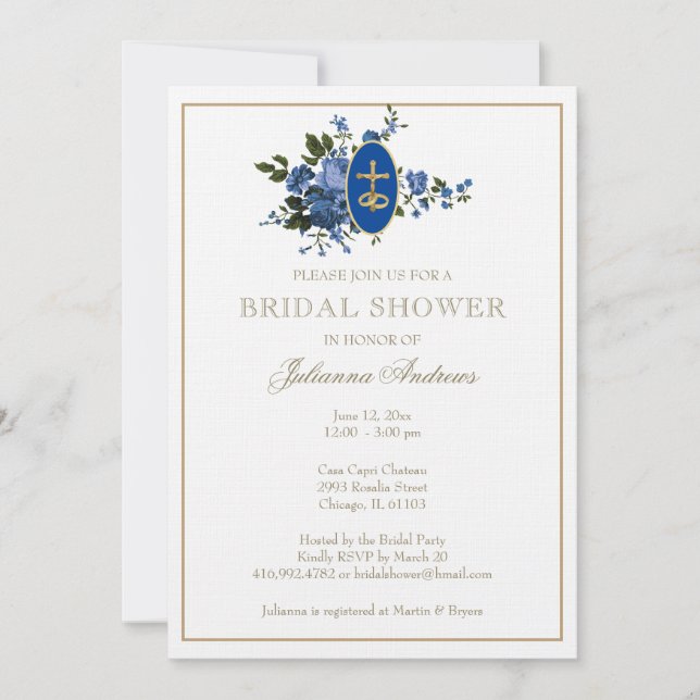 Elegant Golden Catholic Bridal Shower Blue Flowers Invitation (Front)