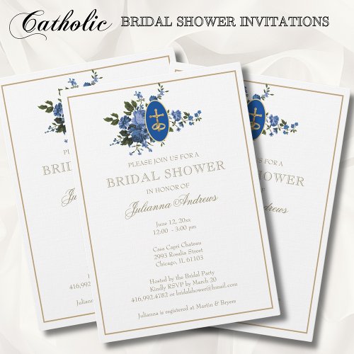 Elegant Golden Catholic Bridal Shower Blue Flowers Invitation