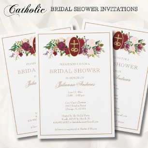Elegant Golden Catholic Bridal Shower Roses Invitation