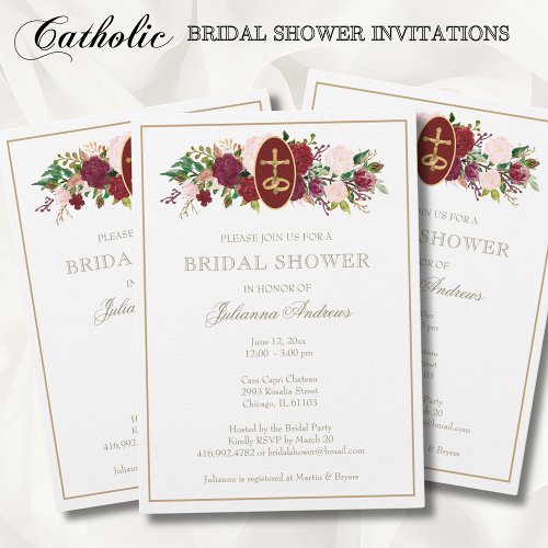 Elegant Golden Catholic Bridal Shower Roses  Invitation