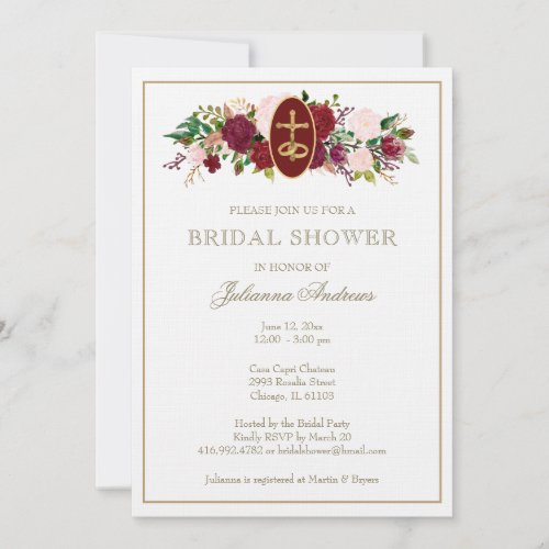 Elegant Golden Catholic Bridal Shower Roses  Invitation