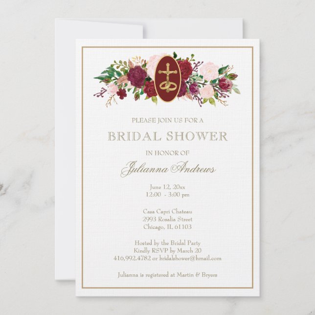 Elegant Golden Catholic Bridal Shower Roses  Invitation (Front)